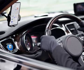 Driver's hands on the steering wheel